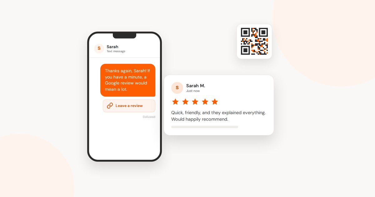 A text message asking a customer for a Google review, next to the five-star review she left