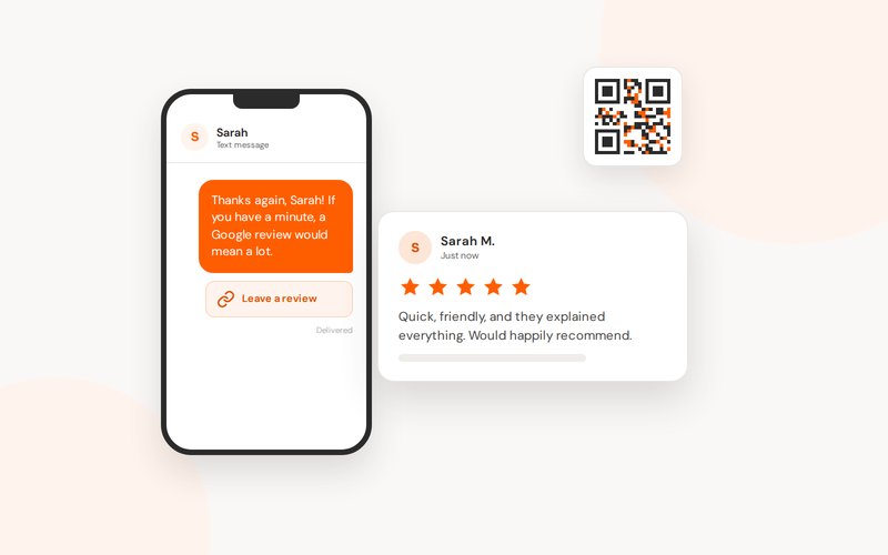 A text message asking a customer for a Google review, next to her five-star review