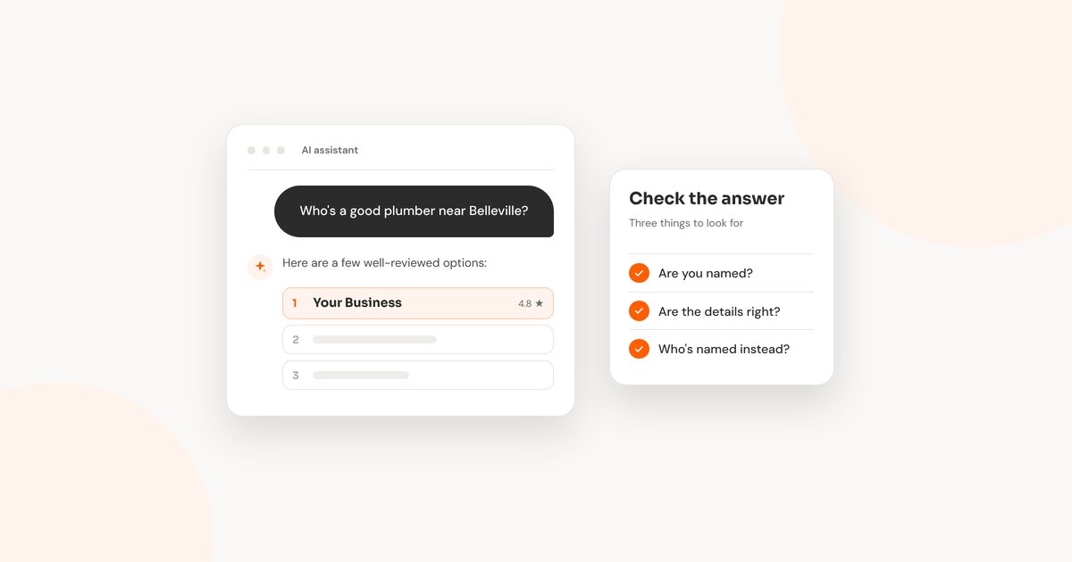 A chat with an AI assistant asking for a good plumber near Belleville, with Your Business listed first, beside a checklist: are you named, are the details right, who's named instead