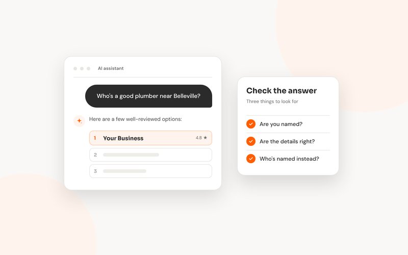 An AI assistant's answer listing local businesses, beside a short checklist