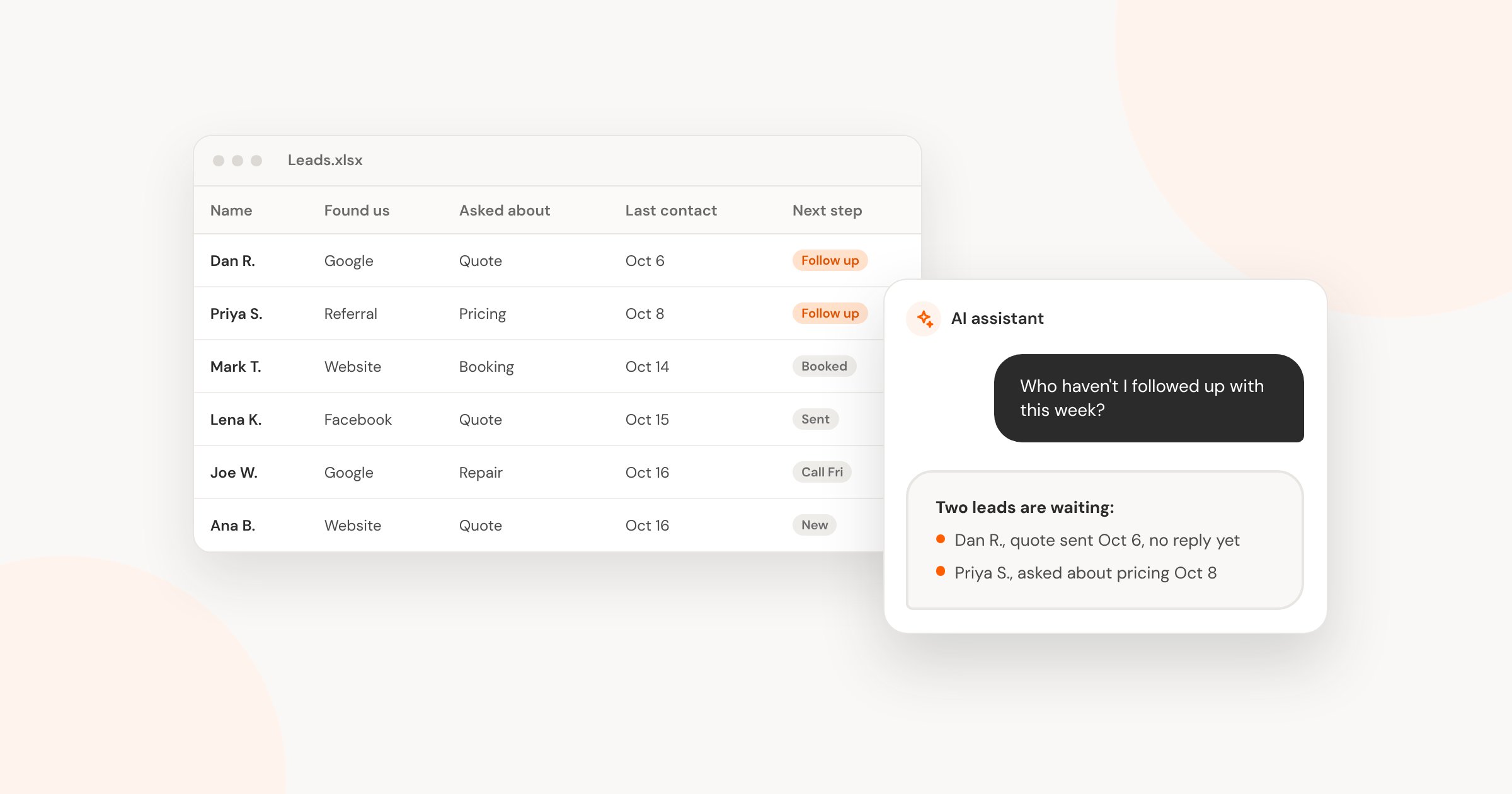 A simple lead spreadsheet with an AI assistant beside it answering the question Who haven't I followed up with this week? with two leads that are waiting