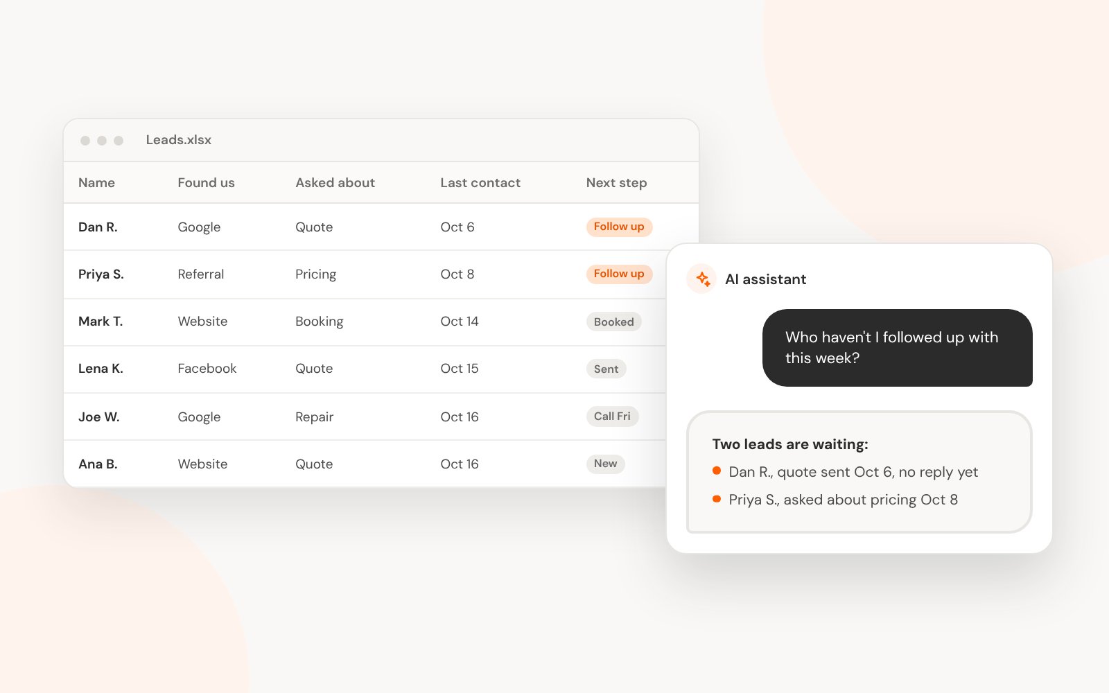A lead spreadsheet with an AI assistant pointing out two follow-ups