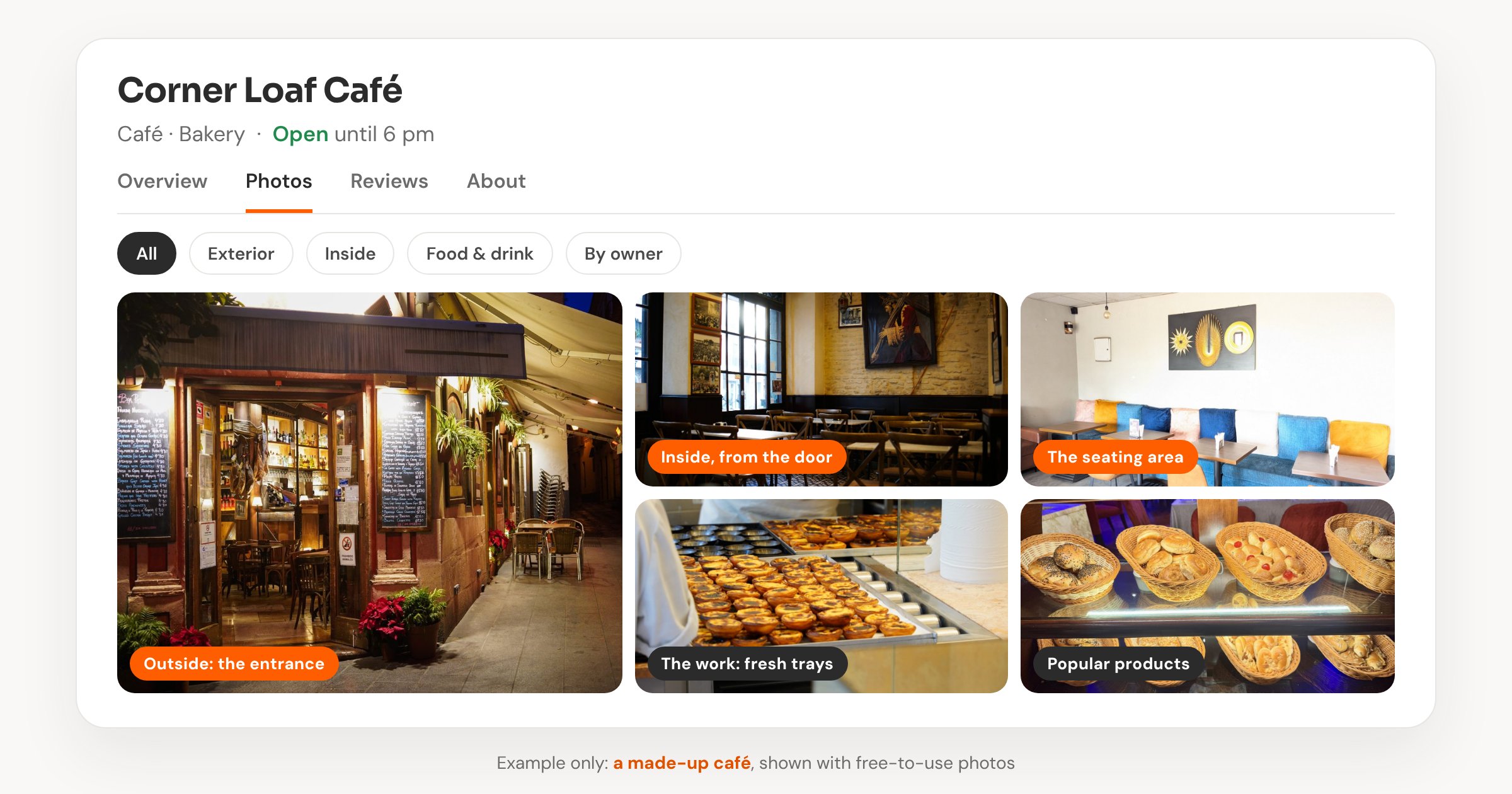 Example of the Photos tab on a Google Business Profile for a made-up café, with photos of the entrance from outside, the inside and seating area, a tray of fresh pastries and a display of popular products