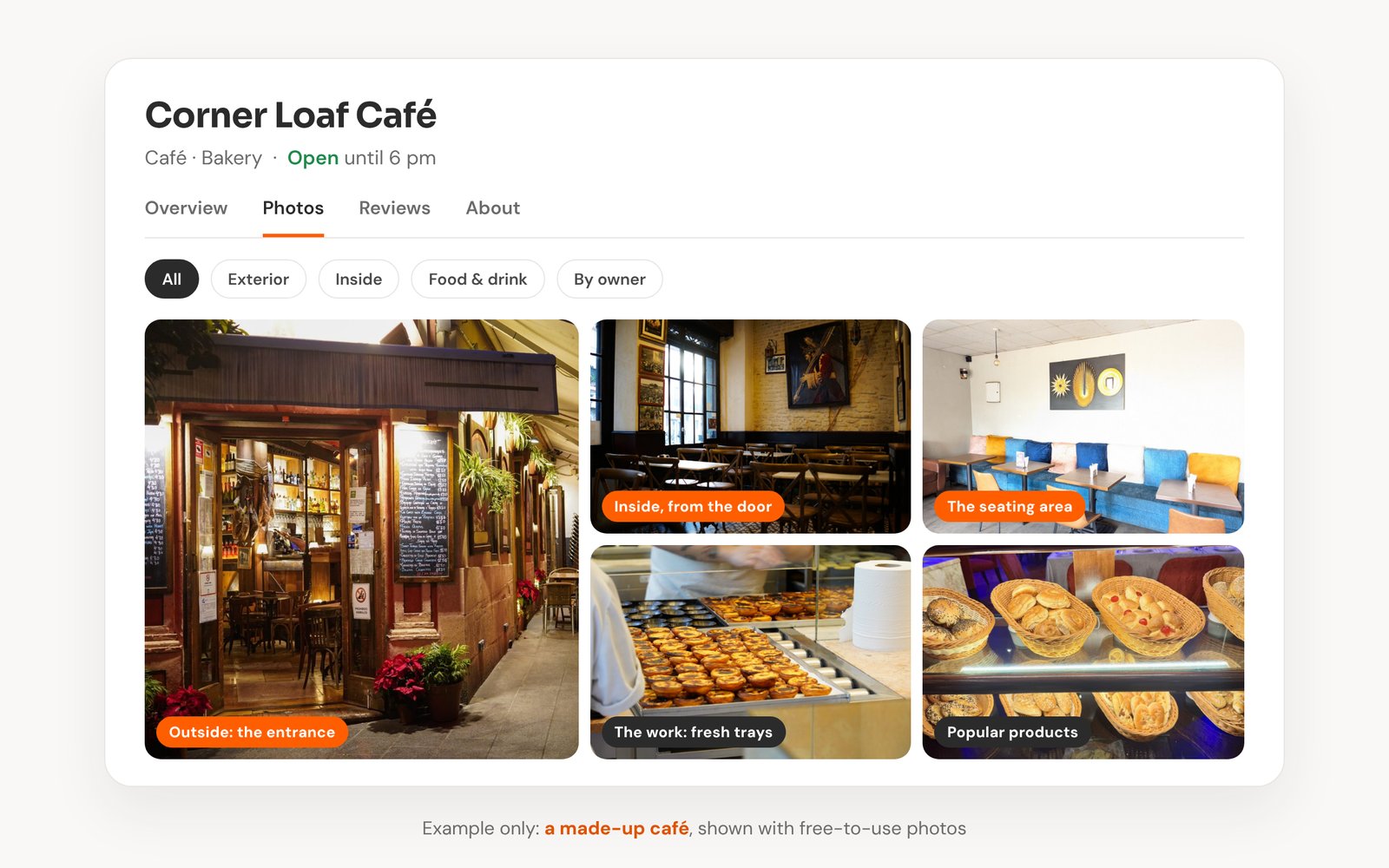 The Photos tab of an example Google Business Profile, with outside, inside and product photos
