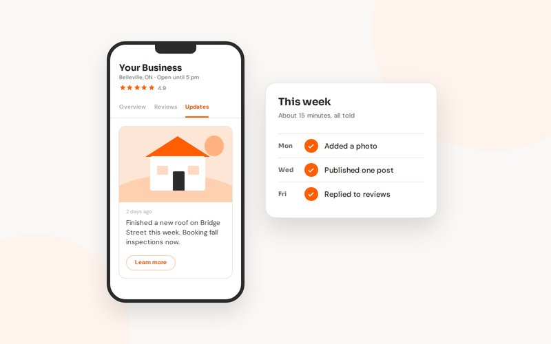 A business profile post on a phone beside a simple weekly checklist