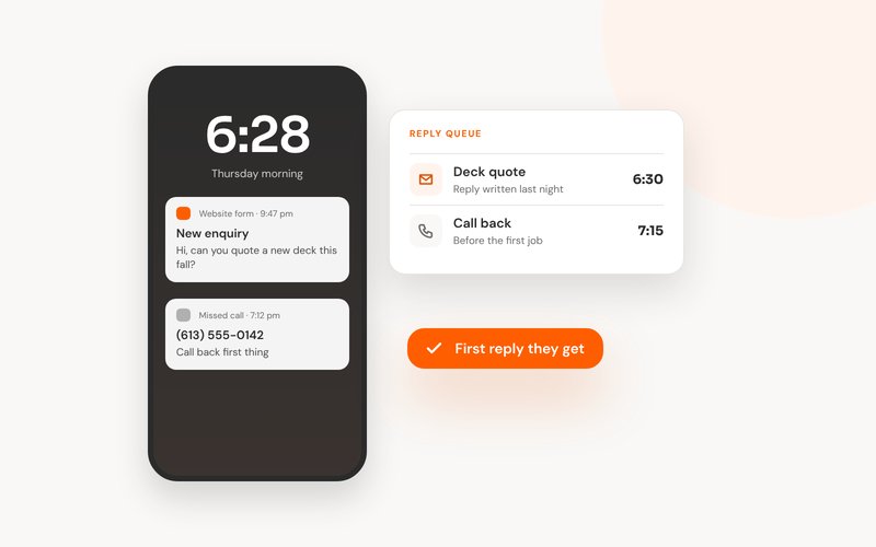 A phone with a new enquiry notification beside a morning reply queue