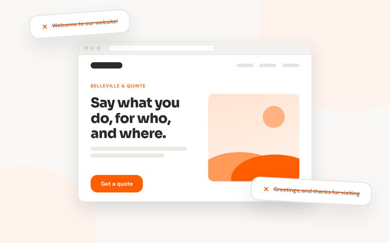 A clean homepage with one clear headline and the welcome greeting crossed out