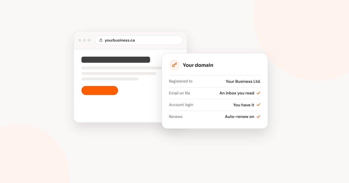 A browser showing yourbusiness.ca beside a domain card listing registered to Your Business Ltd., email on file an inbox you read, account login you have it, and auto-renew on