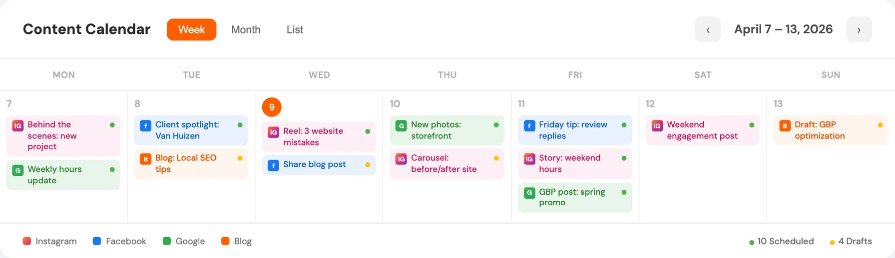 Social media content calendar showing scheduled posts across Instagram, Facebook, and Google