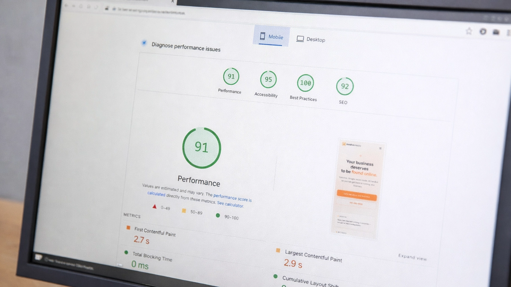 Page speed score showing fast load time for a client website
